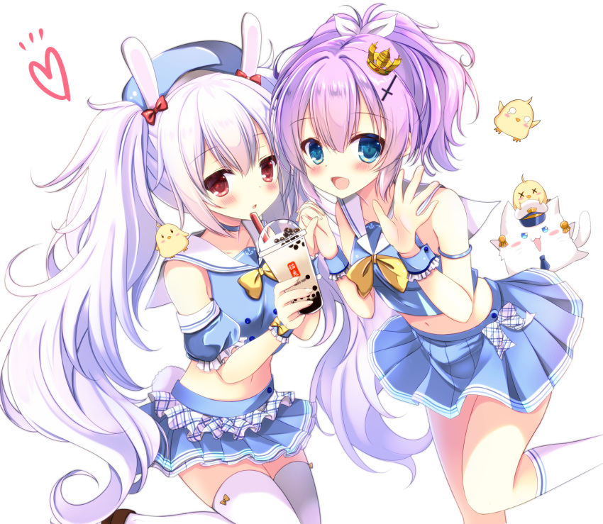 2girls :d :o animal animal_ears azur_lane bangs beret bird blue_eyes blue_headwear blue_shirt blue_skirt blue_sleeves blush bow brown_footwear bubble_tea cat chick commentary_request crop_top crown cup detached_sleeves disposable_cup drinking_straw eyebrows_visible_through_hair hair_between_eyes hair_ribbon hat heart highres holding holding_cup javelin_(azur_lane) laffey_(azur_lane) long_hair manjuu_(azur_lane) meowficer_(azur_lane) midriff mini_crown multiple_girls navel open_mouth parted_lips pleated_skirt puffy_short_sleeves puffy_sleeves purple_hair rabbit_ears red_bow red_eyes ribbon sailor_collar shirt shoes short_sleeves silver_hair simple_background skirt sleeveless sleeveless_shirt smile standing standing_on_one_leg thigh-highs tilted_headwear twintails very_long_hair white_background white_legwear white_ribbon white_sailor_collar wrist_cuffs yuutsuki_hina