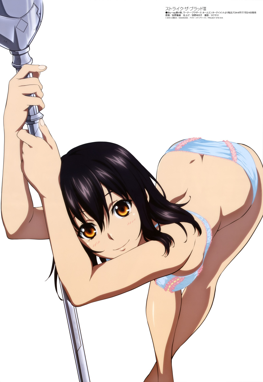 1girl absurdres bent_over black_hair blue_bra blue_panties bra brown_eyes butt_crack closed_mouth copyright_name hair_between_eyes highres himeragi_yukina holding holding_spear holding_weapon long_hair looking_at_viewer panties polearm sano_takao shiny shiny_hair simple_background smile solo spear standing strike_the_blood underwear underwear_only weapon white_background