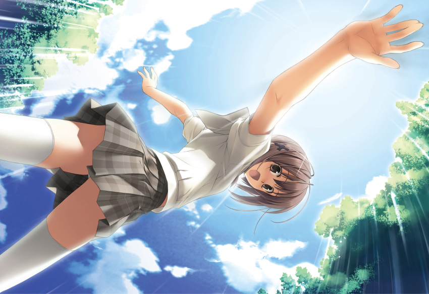 1girl :d absurdres amatsume_akira blue_sky brown_eyes brown_hair day from_below grey_skirt hair_ornament hashimoto_takashi highres looking_at_viewer looking_down miniskirt official_art open_mouth outdoors outstretched_arms panties pantyshot pantyshot_(standing) plaid plaid_skirt pleated_skirt school_uniform shirt short_hair short_sleeves skirt sky smile solo standing sunlight thigh-highs underwear white_legwear white_shirt x_hair_ornament yosuga_no_sora