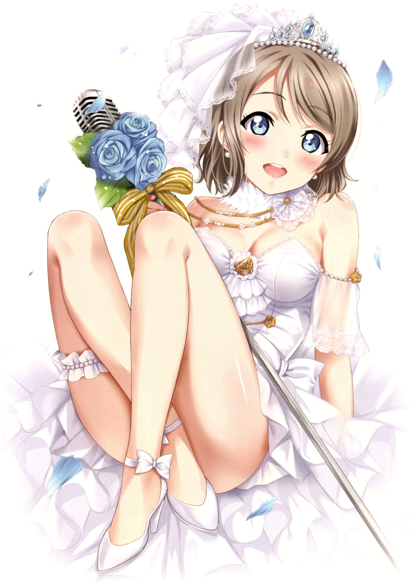 1girl absurdres bare_legs bare_shoulders blue_eyes blue_flower blue_rose blush bouquet bow breasts bride convenient_leg copyright_name crossed_legs detached_sleeves dress flower high_heels highres holding holding_microphone jewelry legs light_brown_hair looking_at_viewer love_live! love_live!_sunshine!! medium_breasts microphone open_mouth petals ribbon rose rozen5 scan see-through_silhouette short_hair sitting solo strapless thigh_strap thighs tiara veil watanabe_you wedding_dress white_dress white_footwear yellow_ribbon