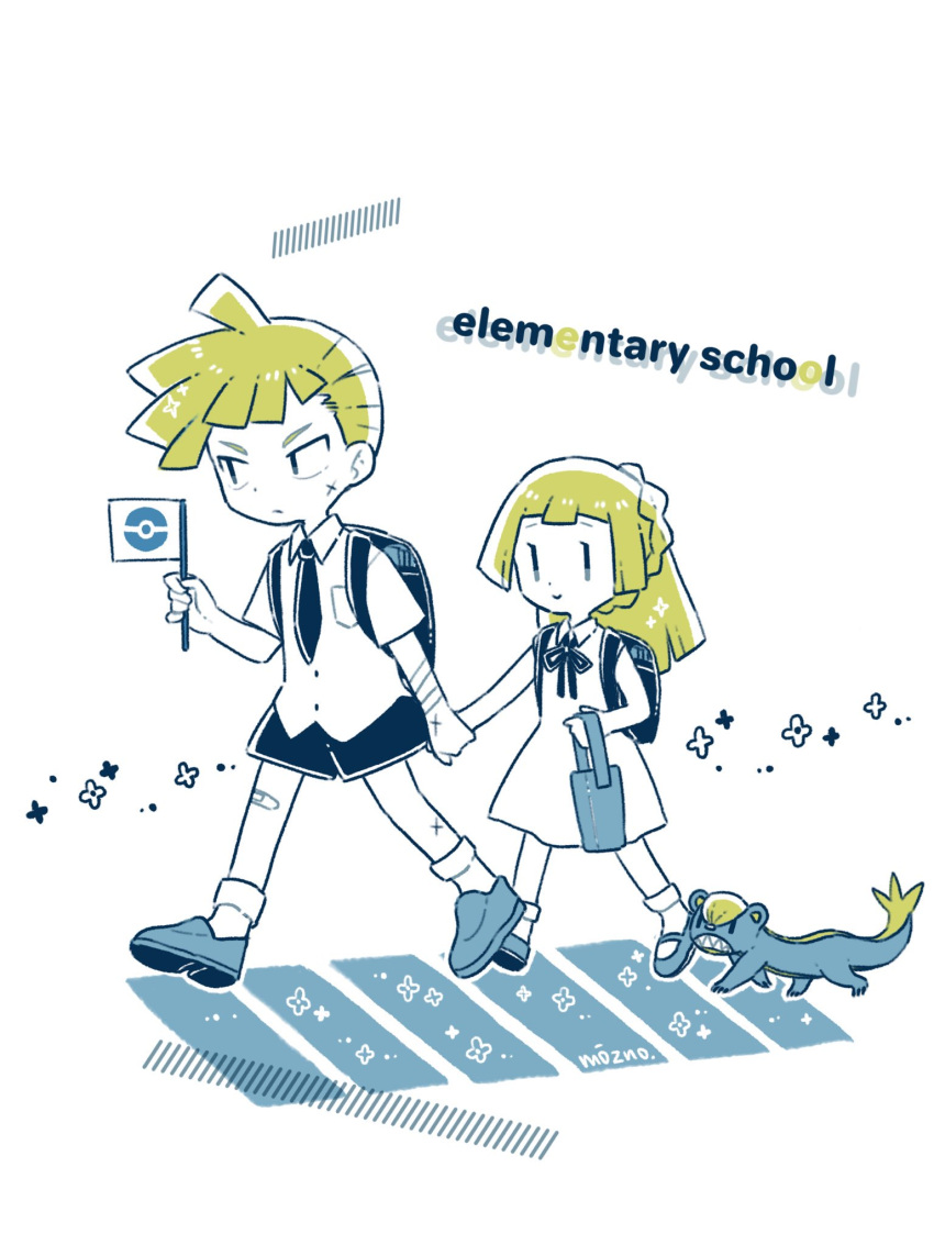 1boy 1girl artist_name backpack bag bandaid blonde_hair brother_and_sister closed_mouth dress flag gen_7_pokemon gladio_(pokemon) highres holding holding_flag holding_hands lillie_(pokemon) long_hair mozpoke necktie pokemon pokemon_(creature) pokemon_(game) pokemon_sm ponytail scar shoes short_hair short_sleeves shorts siblings smile socks younger yungoos