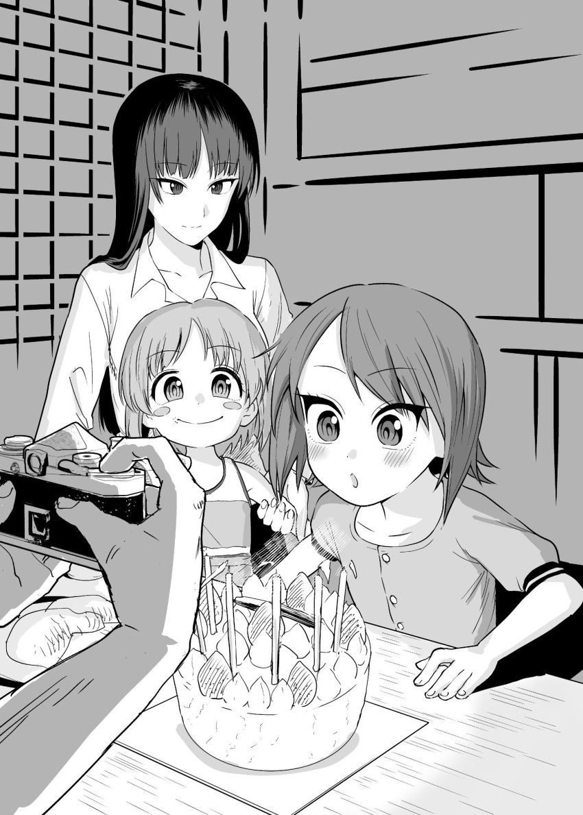 1boy 3girls actas_(studio) bangs birthday birthday_cake black_hair blowing blunt_bangs blush cake camera camera_flash candle collarbone family food fruit girls_und_panzer highres long_hair long_sleeves looking_at_another media_factory monochrome mother_and_daughter multiple_girls nishizumi_maho nishizumi_miho nishizumi_miho's_father nishizumi_shiho open_mouth shirt short_hair short_sleeves siblings sisters smile strawberry taking_picture yawaraka_black younger