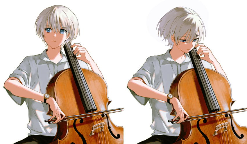 1boy absurdres bishounen black_pants blue_eyes bow_(instrument) cello hair_between_eyes highres instrument looking_at_viewer multiple_boys multiple_views music original p_la_s_ma pants playing_instrument shirt sitting watch watch white_background white_shirt
