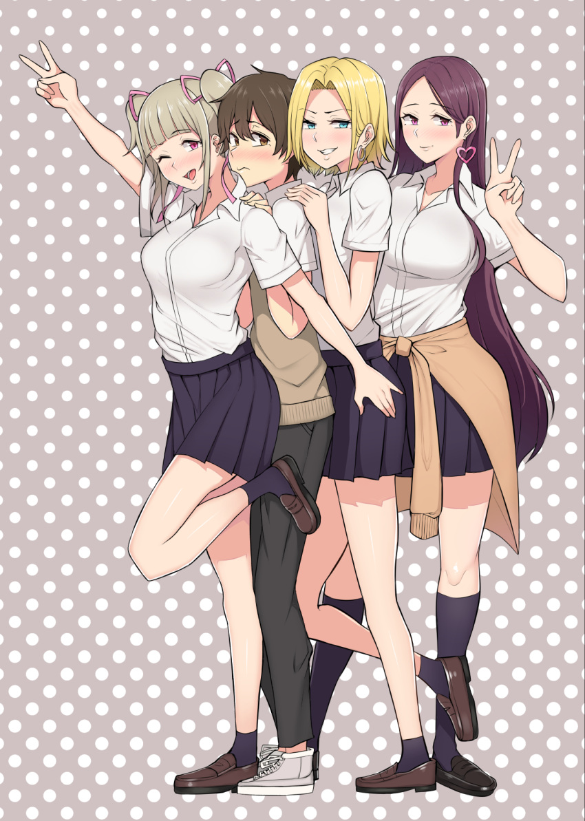 1boy 3girls ;d bangs black_legwear blonde_hair blue_eyes blunt_bangs blush breasts brown_eyes brown_hair clothes_around_waist earrings eyebrows_visible_through_hair grin gyaru highres jewelry kneehighs long_hair looking_at_viewer multiple_girls nori_gorou one_eye_closed open_mouth original parted_bangs pleated_skirt purple_hair school_uniform short_hair skirt smile socks twintails v very_long_hair vest violet_eyes