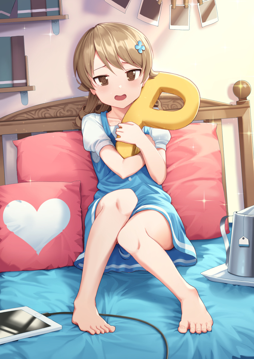 1girl :d @_@ absurdres bangs barefoot bed blue_dress blue_flower blue_skirt blush brown_eyes brown_hair cellphone clothes_pin collarbone commentary_request dress eyebrows_visible_through_hair flower full_body goback hair_flower hair_ornament heart highres idolmaster idolmaster_cinderella_girls indoors long_hair morikubo_nono object_hug open_mouth p-head_producer phone photo_(object) pillow puffy_short_sleeves puffy_sleeves ringlets shirt short_sleeves sitting skirt sleeveless sleeveless_dress smile solo white_shirt