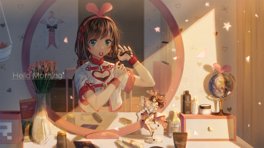 1girl a.i._channel bangs blue_eyes blush brown_hair closed_mouth commentary_request english_text eyebrows_visible_through_hair figure flower globe hair_ribbon hair_tie hair_tie_in_mouth hairband hands_up heart highres indoors ji_dao_ji kizuna_ai long_hair mirror mouth_hold multicolored_hair pink_flower pink_hair pink_hairband pink_ribbon pink_rose reflection ribbon rose shirt short_sleeves smile solo star streaked_hair sunlight tying_hair vase virtual_youtuber white_shirt