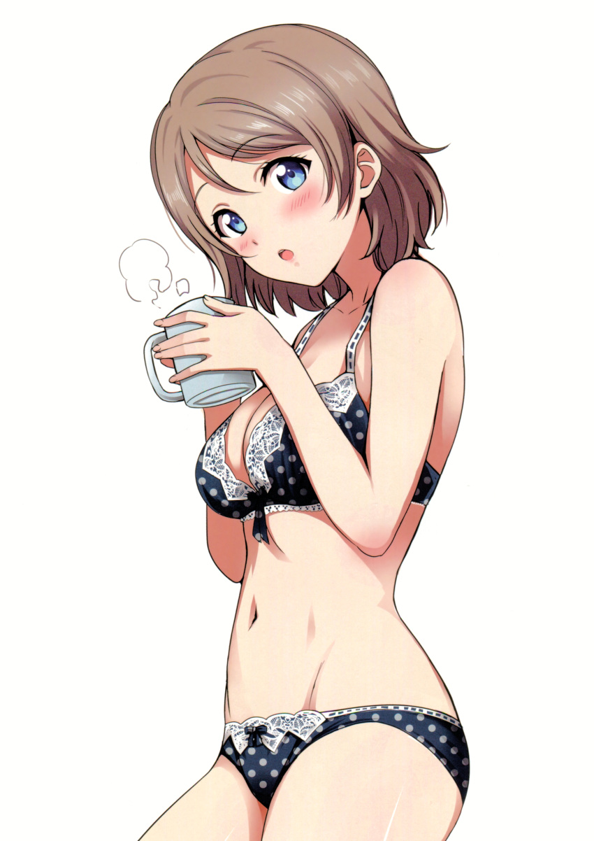 1girl absurdres blue_bra blue_eyes blue_panties blush bra breasts brown_hair collarbone cowboy_shot cup eyebrows_visible_through_hair groin head_tilt highres holding holding_cup looking_at_viewer love_live! love_live!_sunshine!! medium_breasts navel open_mouth panties polka_dot polka_dot_bra polka_dot_panties rozen5 scan short_hair solo steam underwear underwear_only watanabe_you white_background