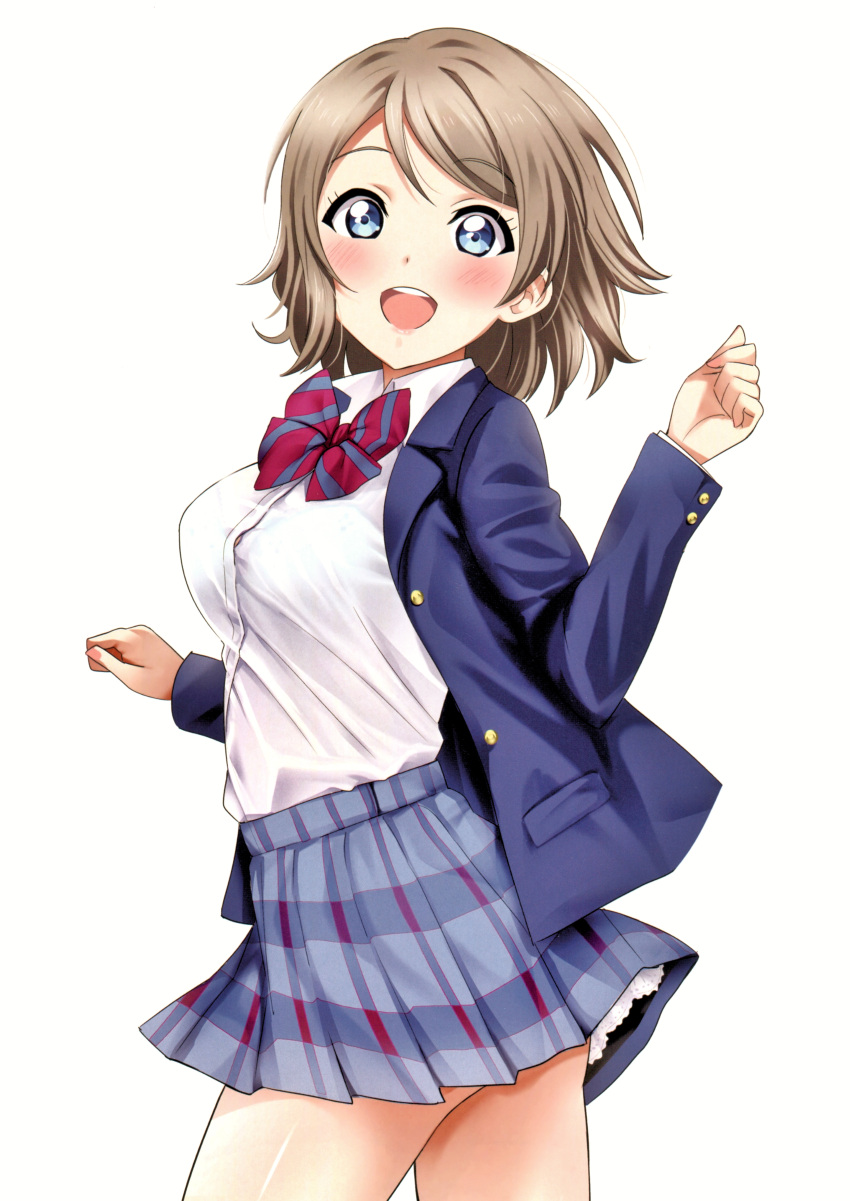 1girl :d absurdres bangs blazer blue_eyes blush bow bowtie bra breasts brown_hair collared_shirt contrapposto cowboy_shot eyebrows_visible_through_hair from_side highres jacket long_sleeves looking_at_viewer love_live! love_live!_sunshine!! medium_breasts open_clothes open_jacket open_mouth otonokizaka_school_uniform plaid plaid_skirt pleated_skirt rozen5 scan school_uniform see-through shirt short_hair simple_background skirt smile solo standing swept_bangs thighs underwear watanabe_you white_background white_shirt
