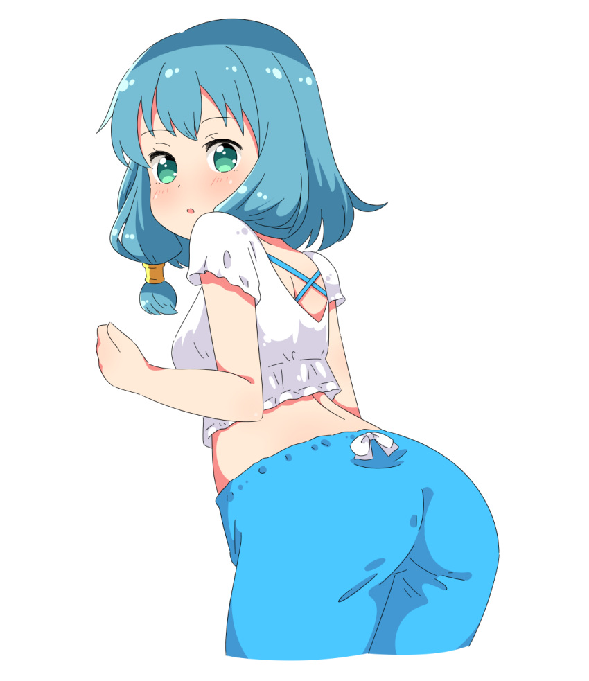 1girl ass blue_hair blue_pants commentary_request crop_top endro! from_behind green_eyes highres hk_(skxt8348) leaning_forward looking_back meiza_endust midriff open_mouth pants shirt short_hair simple_background solo white_background white_shirt