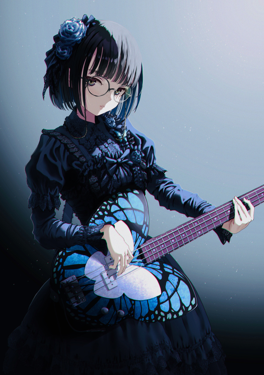 1girl bangs black_bow black_dress black_hair blue_background blue_flower blue_rose bow breasts chromatic_aberration collared_dress commentary_request dress electric_guitar eyebrows_behind_hair fingernails flower glasses grey-framed_eyewear guitar hair_flower hair_ornament hasisisissy head_tilt highres holding holding_instrument instrument long_sleeves looking_at_viewer original parted_lips puffy_short_sleeves puffy_sleeves rose round_eyewear short_hair short_over_long_sleeves short_sleeves small_breasts solo