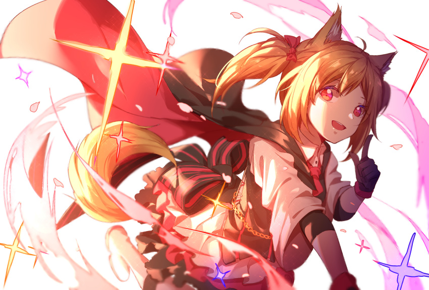 1girl absurdres animal_ears arknights black_gloves boots bow cape character_name commentary_request dress eyebrows_visible_through_hair fox_ears fox_tail gloves hair_between_eyes hair_bow highres looking_at_viewer pink_bow short_sleeves solo star tail upper_teeth white_footwear yumuto_(spring1786)