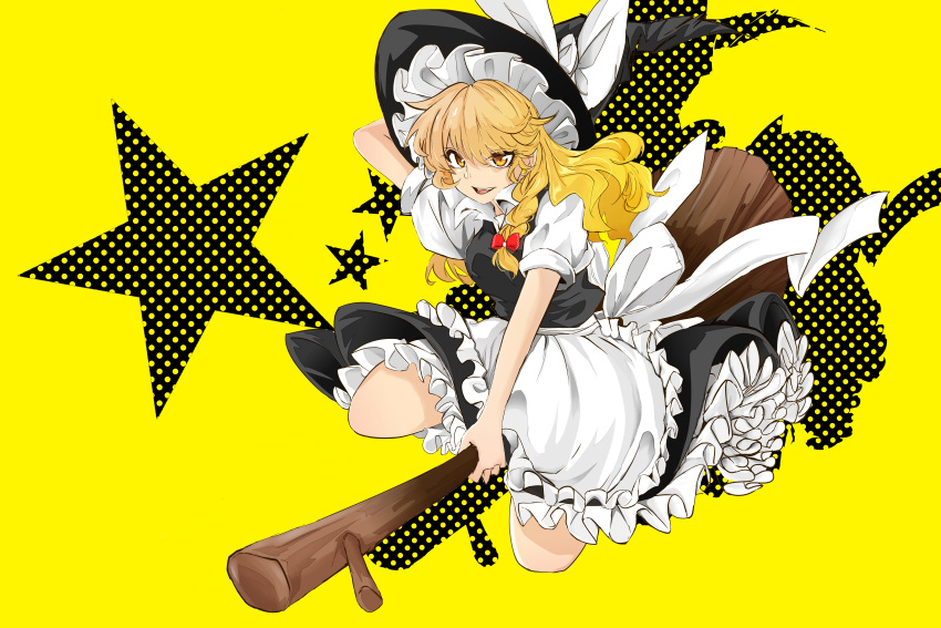 1girl :d absurdres apron arm_up artist_name bangs black_headwear black_skirt black_vest blonde_hair bow braid broom broom_riding commentary_request eyebrows_visible_through_hair frilled_apron frills fuko_(fukkofuko) hair_between_eyes hair_bow hat hat_bow highres kirisame_marisa long_hair looking_at_viewer open_mouth petticoat polka_dot puffy_short_sleeves puffy_sleeves red_bow shirt short_sleeves signature silhouette simple_background single_braid skirt skirt_set smile solo star touhou vest waist_apron white_apron white_bow white_shirt witch_hat yellow_background yellow_eyes