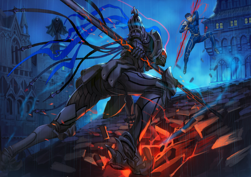 3boys armor battle berserker_(fate/zero) black_armor blue_background blue_bodysuit blue_hair bodysuit boots building cloak fate/grand_order fate/stay_night fate/zero fate_(series) full_armor gae_bolg helmet lancer leaning_forward long_hair maekawa_yuichi male_focus multiple_boys rain true_assassin