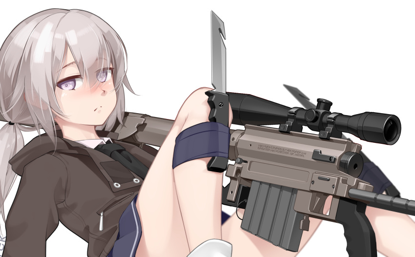 1girl bare_legs bolt_action cheytac_m200 close-up combat_knife commentary eyebrows_visible_through_hair eyes_visible_through_hair girls_frontline grey_eyes gun highres jacket knee_up knife legs looking_at_viewer m200_(girls_frontline) ponytail rifle school_uniform silver_hair simple_background single_sock skirt sniper_rifle socks soles solo tagme thighs vectorek weapon white_background