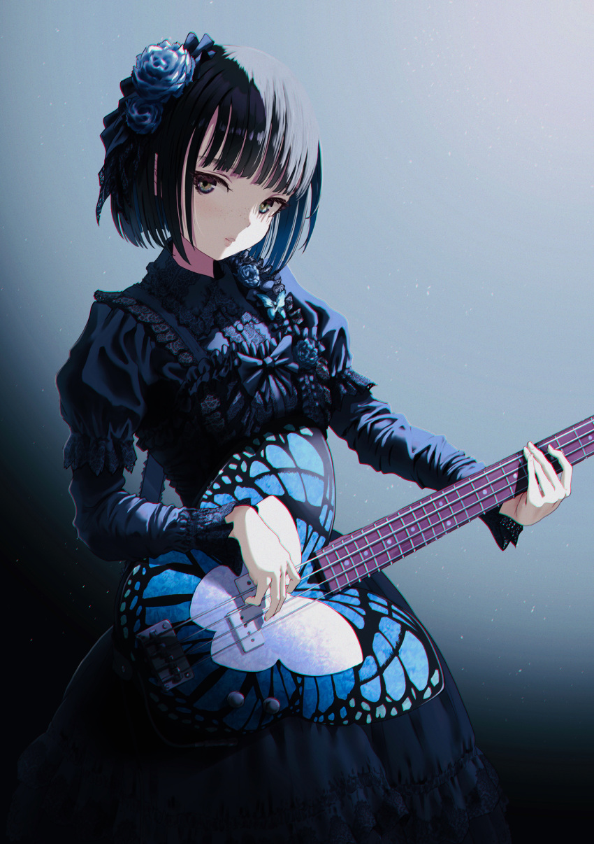 1girl bangs black_bow black_dress black_hair blue_background blue_flower blue_rose bow breasts chromatic_aberration collared_dress dress electric_guitar eyebrows_behind_hair fingernails flower guitar hair_flower hair_ornament hasisisissy head_tilt highres holding holding_instrument instrument long_sleeves looking_at_viewer original parted_lips puffy_short_sleeves puffy_sleeves rose short_hair short_over_long_sleeves short_sleeves small_breasts solo