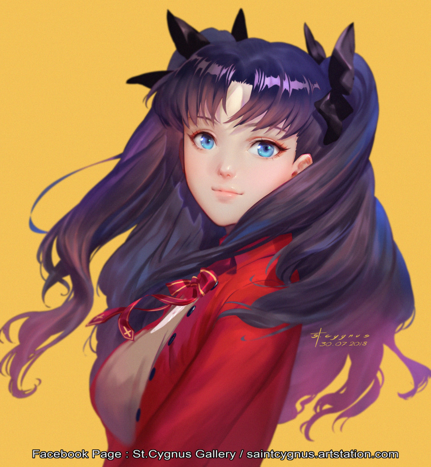 1girl artist_name artstation_username bangs black_hair blue_eyes blurry blush bow bowtie breasts buttons collared_jacket cross dated facebook_username fate/stay_night fate_(series) floating_hair hair_ribbon highres jacket light_smile lips long_hair long_legs long_sleeves looking_at_viewer looking_to_the_side medium_breasts neck_ribbon nose nutthapon_petchthai parted_bangs red_bow red_jacket red_ribbon ribbon shiny shiny_hair shiny_skin signature simple_background solo toosaka_rin two_side_up uniform upper_body yellow_background