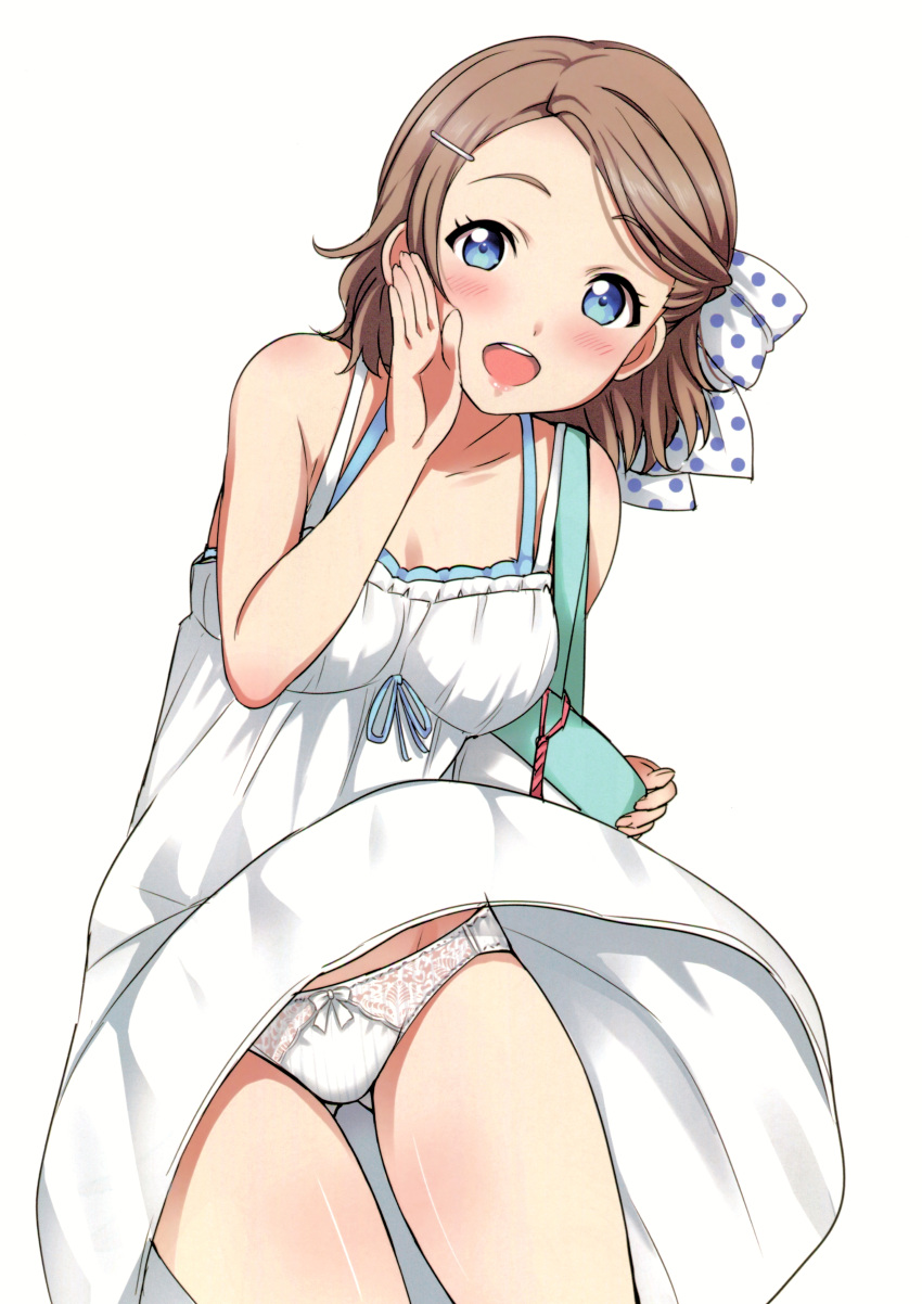 1girl :d absurdres arm_up ass_visible_through_thighs bag bare_shoulders blue_eyes blush bow bow_panties breasts brown_hair dress hair_bow hair_ornament hairclip half_updo highres lace lace_panties looking_at_viewer love_live! love_live!_sunshine!! medium_breasts open_mouth panties pantyshot pantyshot_(standing) polka_dot polka_dot_bow rozen5 scan short_hair smile solo standing sundress underwear watanabe_you white_dress white_panties wind wind_lift