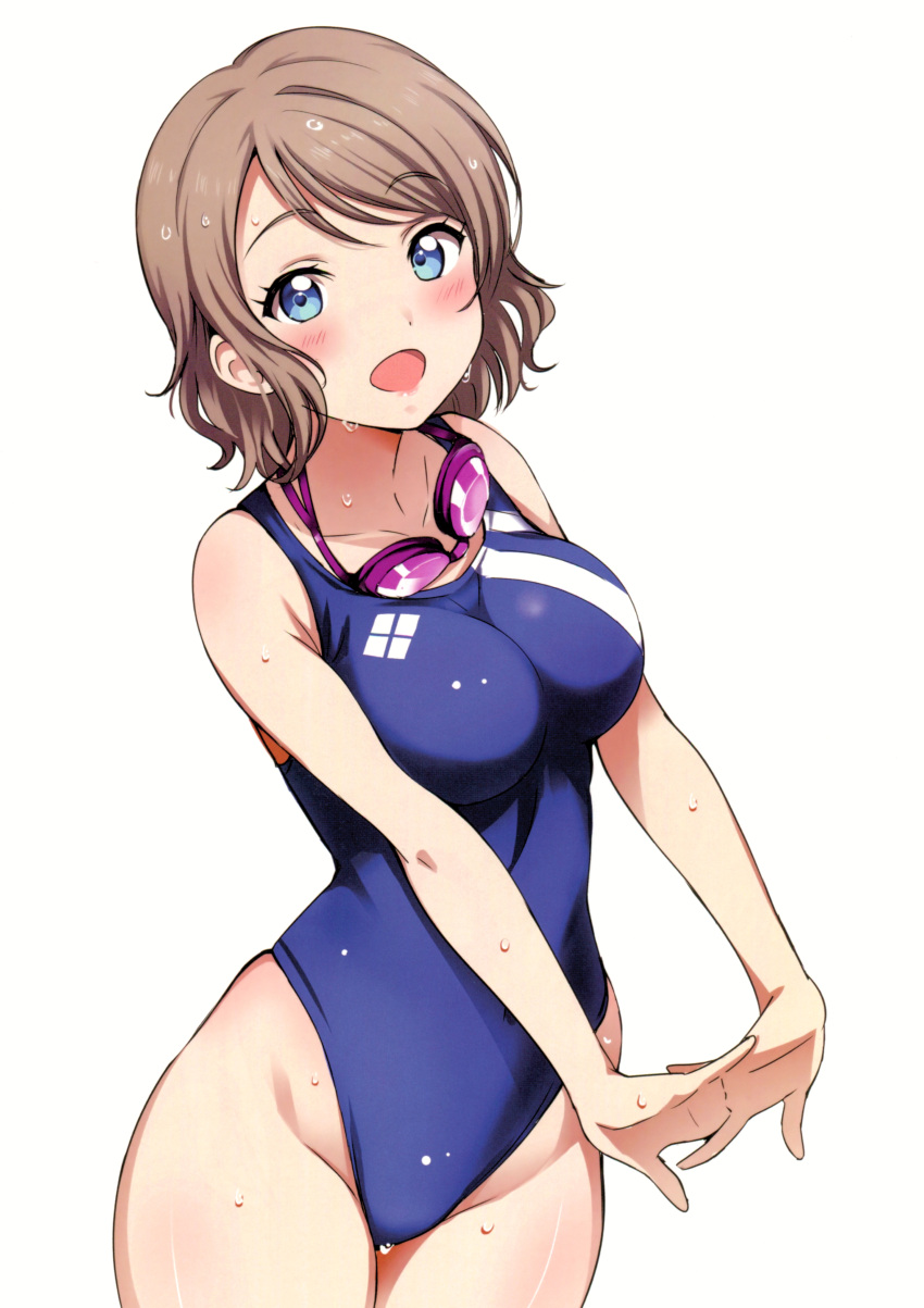 1girl absurdres blue_eyes blue_swimsuit blush breasts brown_hair competition_swimsuit cowboy_shot glasses goggles goggles_around_neck grey_hair highres interlocked_fingers looking_at_viewer love_live! love_live!_sunshine!! medium_breasts one-piece_swimsuit open_mouth rozen5 scan short_hair smile solo swimsuit watanabe_you wet wet_clothes wet_hair wet_swimsuit