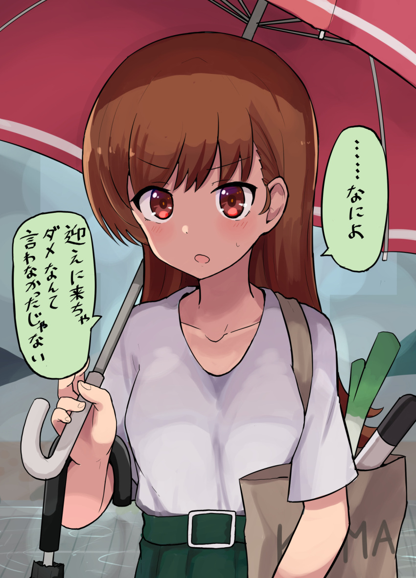 1girl bag brown_eyes brown_hair casual handbag highres holding holding_umbrella kantai_collection long_hair okitsugu ooi_(kantai_collection) solo speech_bubble spring_onion translated umbrella v-shaped_eyebrows