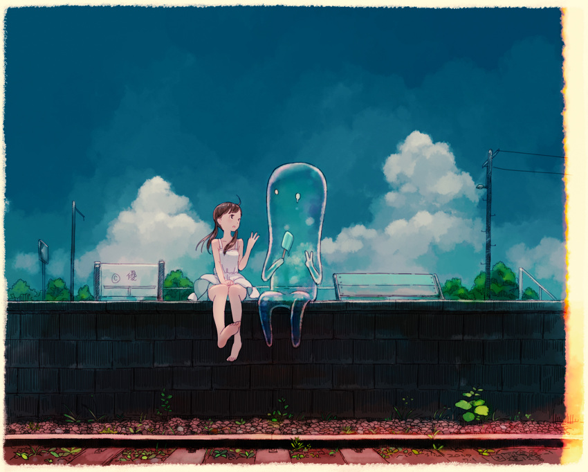 1girl bare_arms bare_shoulders barefoot bench blue_sky brown_eyes brown_hair clouds commentary_request day dress food highres holding holding_food kokudou_juunigou long_hair looking_at_another looking_to_the_side original outdoors park_bench popsicle power_lines railroad_tracks sitting sky sleeveless sleeveless_dress solo sundress telephone_pole train_station transparent twintails white_dress