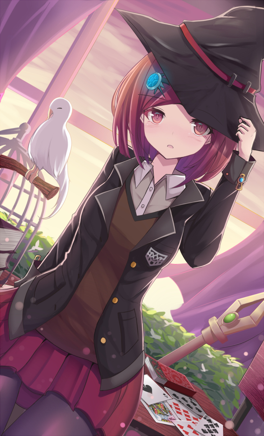 1girl animal bird black_headwear blush card commentary dangan_ronpa english_commentary hair_ornament hairclip hat highres jacket long_sleeves looking_at_viewer miniskirt new_dangan_ronpa_v3 pantyhose playing_card pleated_skirt red_eyes redhead school_uniform short_hair skirt smile solo staff stratozpherez white_bird window witch_hat yumeno_himiko