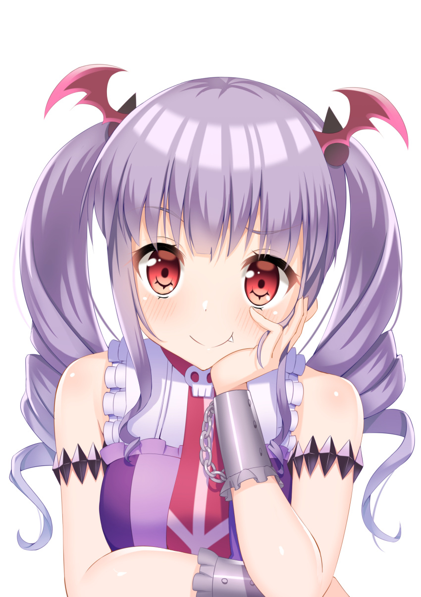 1girl absurdres arm_rest armband bang_dream! bangs bat_hair_ornament breasts chain commentary_request drill_hair eyebrows_visible_through_hair fang fang_out hair_ornament head_in_hand head_tilt highres looking_at_viewer necktie numaccha purple_hair red_eyes red_neckwear shirt short_hair simple_background sleeveless sleeveless_shirt small_breasts smile solo twin_drills udagawa_ako upper_body white_background wrist_cuffs