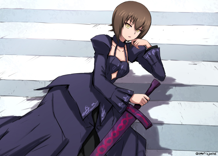 1girl absurdres alternate_eye_color artoria_pendragon_(all) bangs black_dress brown_hair chin_rest commentary cosplay dark_excalibur dress elbow_rest empty_eyes eyebrows_visible_through_hair fate/stay_night fate_(series) from_side girls_und_panzer highres holding holding_sword holding_weapon juliet_sleeves long_dress long_sleeves looking_at_viewer nishizumi_maho omachi_(slabco) parted_lips puffy_sleeves road saber_alter saber_alter_(cosplay) shadow short_hair shrug_(clothing) solo stomach_cutout street sword twitter_username weapon yellow_eyes