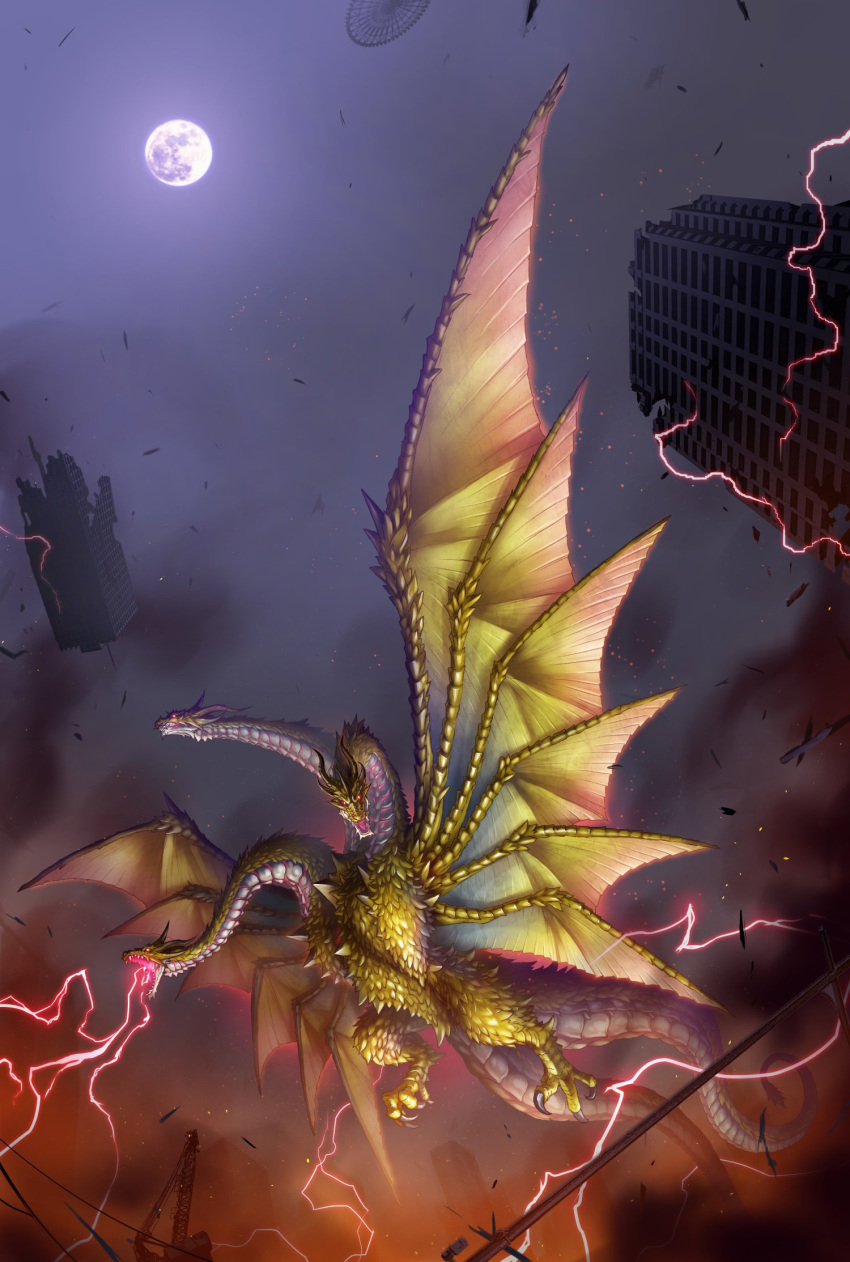 rnwings city claws commentary destruction dragon dragon_horns dragon_wings electricity fangs glowing glowing_eyes godzilla_(series) highres horns kaijuu king_ghidorah kuroda_asaki lightning looking_at_viewer monster moon moonlight multiple_heads multiple_tails multiple_wings night no_humans open_mouth red_eyes red_lightning scales sharp_teeth sky spikes tail teeth