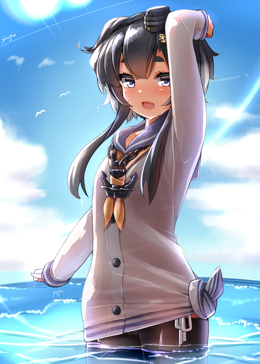1girl absurdres anchor bangs bird black_hair black_legwear blue_eyes blush bound buttons clouds day dress fang hairband hat headgear highres kantai_collection long_sleeves lowleg_pantyhose mini_hat neckerchief open_mouth outdoors panties pantyhose sailor_collar sailor_dress see-through shirt short_hair_with_long_locks side-tie_panties signature skin_fang sky solo thick_eyebrows tied_shirt tied_up tokitsukaze_(kantai_collection) underwear water wet wet_clothes white_panties yellow_neckwear yufuissei0702