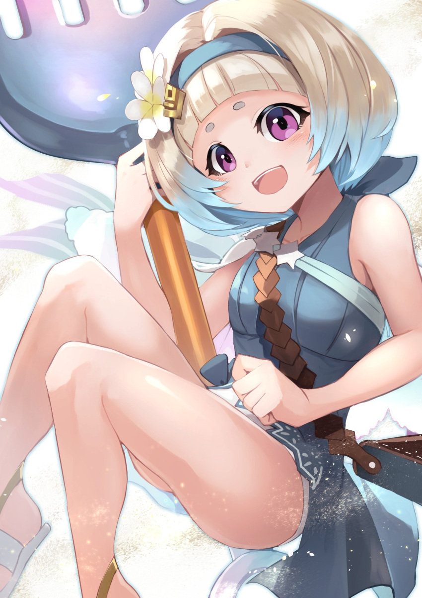 1girl blue_eyes blue_hair cute fire_emblem fire_emblem_heroes gradient_hair highres intelligent_systems loli looking_at_viewer multicolored_hair nakabayashi_zun nintendo open_mouth short_hair simple_background smile solo spatula summer swimsuit tiara violet_eyes water white_hair ylgr_(fire_emblem) ylgr_(fire_emblem_heroes)