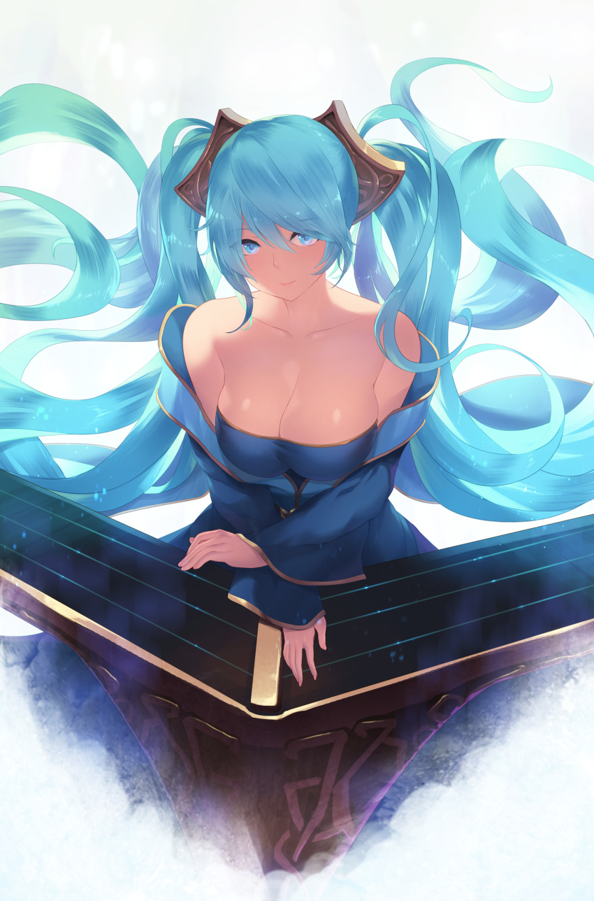 1girl absurdres blue_eyes blue_hair cait highres huge_filesize league_of_legends long_hair smile sona_buvelle twintails