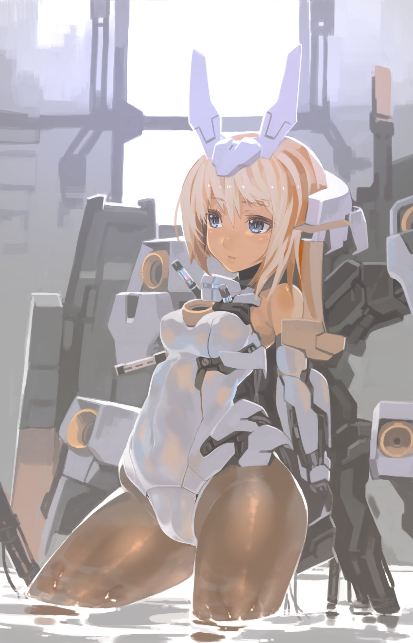 1girl absurdres bangs baselard black_legwear blonde_hair blush breasts elbow_gloves eyebrows_visible_through_hair frame_arms_girl gloves green_eyes headgear highres leotard long_hair mecha_musume medium_breasts pantyhose partially_submerged parts_exposed puribate_(helgoland) shiny shiny_clothes shiny_hair solo standing wet wet_clothes white_gloves white_leotard