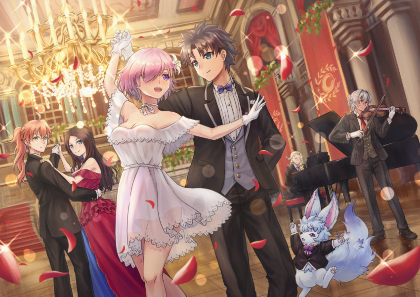 2girls 4boys ahoge animal aqua_eyes black_jacket black_pants blue_eyes blue_neckwear brown_hair closed_eyes dancing dress dress_shirt dutch_angle fate/grand_order fate_(series) fou_(fate/grand_order) fujimaru_ritsuka_(male) gloves hand_in_pocket holding holding_hands holding_instrument indoors instrument jacket lens_flare leonardo_da_vinci_(fate/grand_order) long_hair long_sleeves mash_kyrielight multiple_boys multiple_girls music necktie off-shoulder_dress off_shoulder open_clothes open_jacket outdoors pants petals pink_hair playing_instrument playing_piano ponta_(matsuokazieg) red_dress red_neckwear romani_archaman shirt short_dress short_hair silver_hair sleeveless sleeveless_dress spiky_hair tsukizaki_shizuka violet_eyes violin white_dress white_gloves white_shirt yellow_eyes