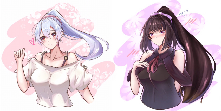 2girls :o alternate_costume alternate_hairstyle bare_shoulders black_hair black_shirt blush bow breasts chiyuyu_18 collarbone eyebrows_visible_through_hair fate/grand_order fate_(series) floral_background hair_between_eyes hair_bow hair_ornament hair_scrunchie hand_on_own_chest heart large_breasts long_hair looking_at_viewer mitsudomoe_(shape) multiple_girls off-shoulder_shirt off_shoulder osakabe-hime_(fate/grand_order) pink_scrunchie ponytail purple_bow red_eyes scrunchie shirt silver_hair sleeveless sleeveless_shirt smile sweatdrop tomoe_(symbol) tomoe_gozen_(fate/grand_order) very_long_hair violet_eyes white_background white_shirt