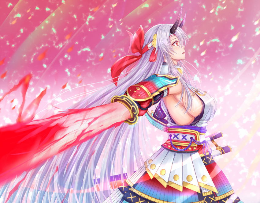 1girl armor bow breasts commentary_request fate/grand_order fate_(series) hair_between_eyes hair_bow headband holding holding_sword holding_weapon huge_breasts japanese_armor kote kusazuri long_hair oni_horns penguintake red_bow scabbard sheath sideboob solo sword tomoe_gozen_(fate/grand_order) very_long_hair weapon