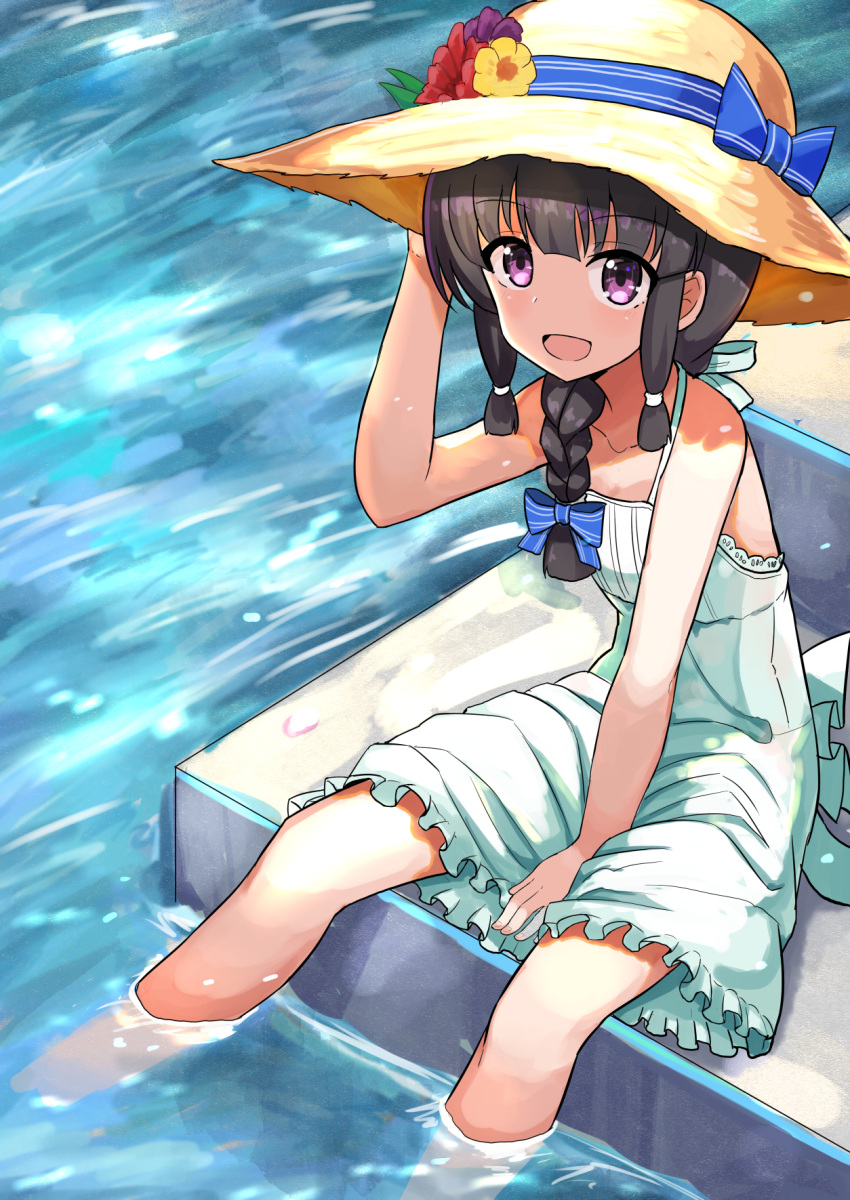 1girl alternate_costume black_hair blush braid dress eyebrows_visible_through_hair flower hair_between_eyes hat hat_flower highres kantai_collection kitakami_(kantai_collection) long_hair looking_at_another looking_at_viewer looking_up okitsugu open_mouth single_braid sitting solo straw_hat violet_eyes water