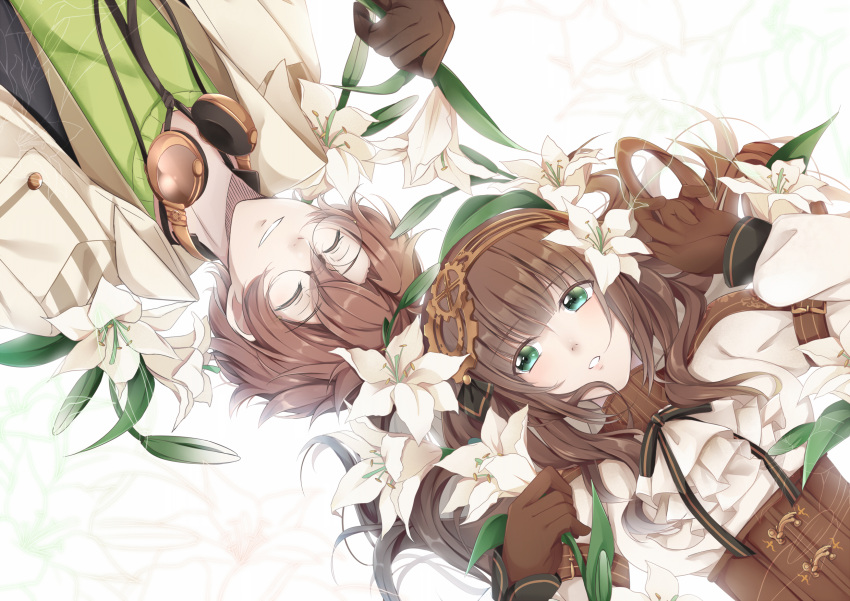 1boy 1girl arm_belt black_neckwear brown_gloves brown_hair cardia_beckford closed_eyes code:realize dress flower frilled_dress frills gears glasses gloves green_eyes hand_up headphones headphones_around_neck highres long_hair lying on_back parted_lips sayumari victor_frankenstein_(code:realize) white_background white_neckwear