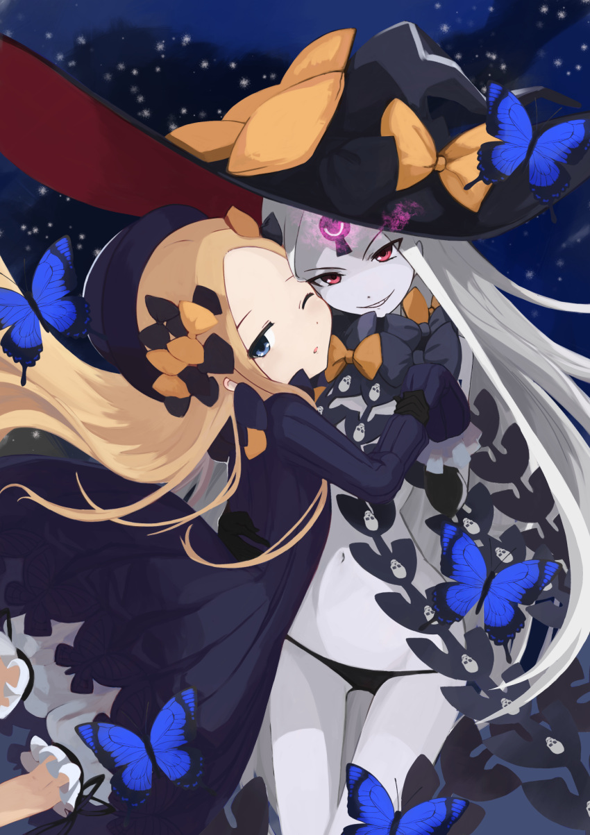 abigail_williams_(fate/grand_order) artist_request bangs black_bow black_dress black_panties blonde_hair bloomers blue_eyes bow bug butterfly dress fangs fate/grand_order fate_(series) grey_hair grey_skin hat highres insect long_hair looking_at_viewer one_eye_closed orange_bow panties parted_bangs red_eyes smile underwear witch_hat