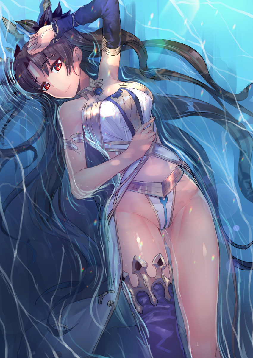 1girl asymmetrical_legwear black_bow blue_legwear blue_sleeves bow bracelet breasts brown_hair chung_cthemax closed_mouth detached_sleeves eyebrows_visible_through_hair fate/grand_order fate_(series) from_above groin hair_bow highleg highleg_panties highres ishtar_(fate/grand_order) jewelry long_hair long_sleeves looking_at_viewer lying medium_breasts midriff navel on_back panties red_eyes single_sleeve single_thighhigh smile solo stomach thigh-highs underwear very_long_hair water white_panties