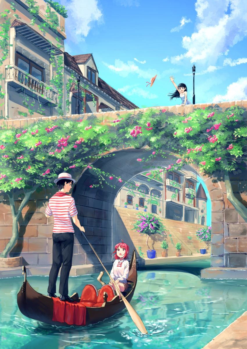 1boy 2girls :d :o black_hair black_pants boat bridge building canal day dress flower gondola hat highres kurageso looking_at_viewer looking_up multiple_girls open_mouth original outdoors pants pink_flower plant potted_plant red_eyes redhead scenery shirt short_hair short_sleeves sitting smile standing striped striped_shirt sun_hat sundress tree uniform vines water watercraft waving white_headwear