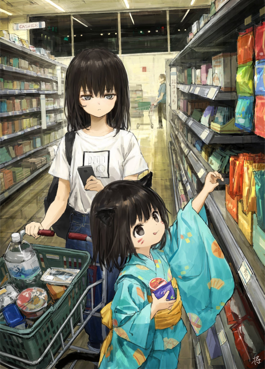 2girls :/ :q animal_ears black_eyes black_hair cellphone child highres japanese_clothes kimono long_hair looking_at_another multiple_girls original outstretched_arm phone shirt sho_(sho_lwlw) shop shopping shopping_cart t-shirt tongue tongue_out whisker_markings wide_sleeves