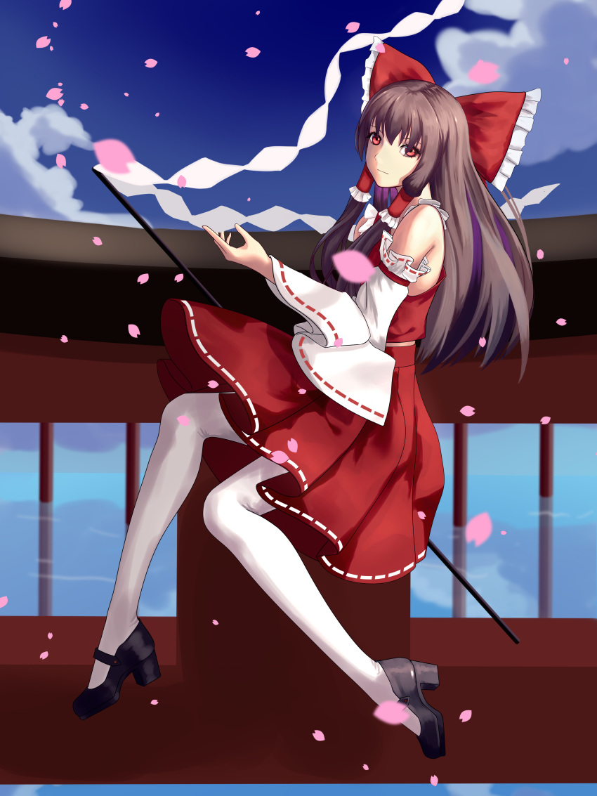 1girl absurdres bangs bare_shoulders black_footwear black_hair blue_sky bow clouds day detached_sleeves frilled_bow frills full_body gohei gtower hair_bow hair_tubes hakurei_reimu high_heels highres holding long_hair long_sleeves looking_at_viewer mary_janes midriff_peek outdoors pantyhose petals red_bow red_eyes red_skirt reflection ribbon-trimmed_skirt ribbon-trimmed_sleeves ribbon_trim shoes sidelocks skirt skirt_set sky solo touhou white_legwear wide_sleeves