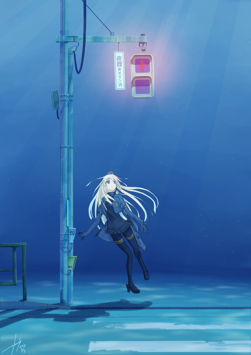 1girl absurdres blonde_hair blue_eyes bubble commentary cropped_jacket crosswalk dated floating floating_hair garrison_cap gloves hat high_heels highres kantai_collection light_rays long_hair looking_up railing shadow signature solo traffic_light u-511_(kantai_collection) underwater utachy