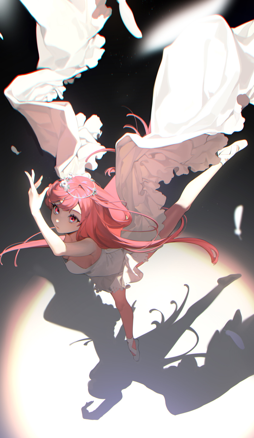 1girl absurdres ballerina ballet ballet_slippers bare_shoulders breasts chromatic_aberration commentary_request dress feathers highres ohisashiburi original red_eyes redhead shadow sleeveless sleeveless_dress solo standing standing_on_one_leg tiptoes white_dress white_footwear