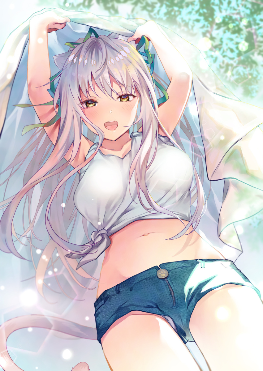 1girl animal_ears arms_up bangs blurry blurry_background blush breasts cat_ears cat_tail cocoa_(cafe-hotcocoa) cowboy_shot day dutch_angle eyebrows_visible_through_hair from_below hair_ribbon highres long_hair looking_at_viewer medium_breasts midriff navel open_mouth original panties ribbon shirt short_shorts shorts silver_hair sleeveless solo tail tied_shirt towel tree underwear white_panties yellow_eyes