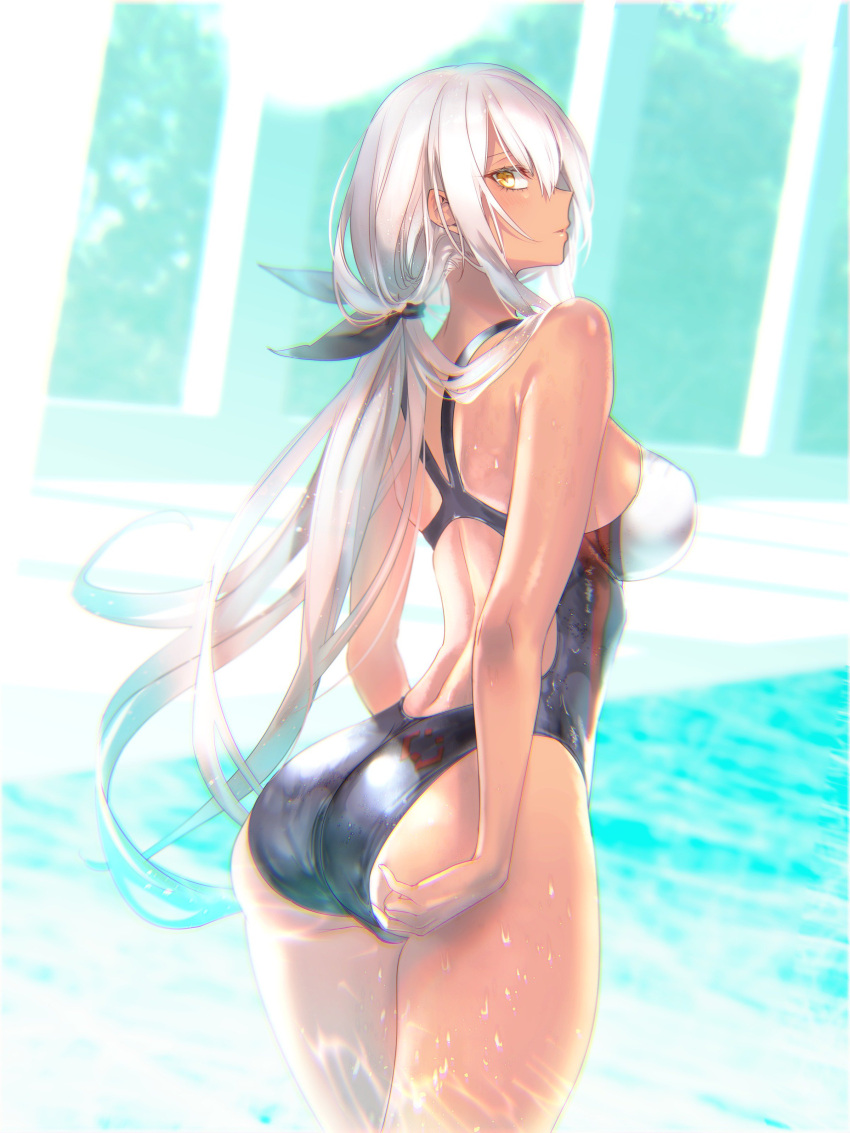 1girl absurdres adjusting_clothes adjusting_swimsuit ass bangs black_ribbon breasts commentary_request competition_swimsuit cowboy_shot dark_skin day eyebrows_visible_through_hair from_behind girls_frontline hair_between_eyes hair_ornament hair_ribbon highres indoors large_breasts long_hair looking_at_viewer m590_(girls_frontline) one-piece_swimsuit open_mouth pool pottsness ribbon sidelocks skindentation solo swimsuit tsurime wet white_hair yellow_eyes