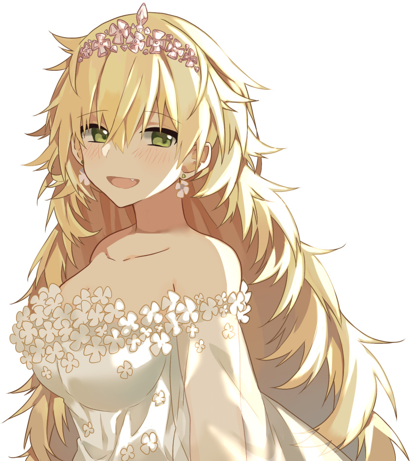 alternate_costume aogisa blonde_hair colorized dress ear_piercing fluffy girls_frontline green_eyes hair_ornament highres long_hair open_mouth piercing s.a.t.8_(girls_frontline) simple_background very_long_hair wedding_dress