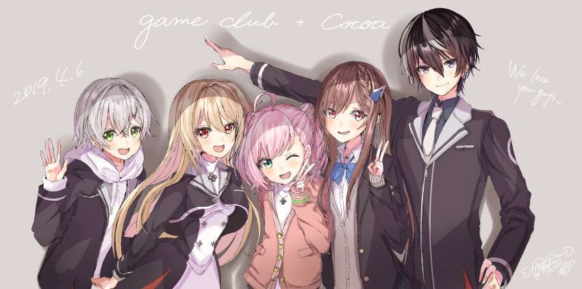 2boys 3girls absurdres ahoge black_hair blush brown_hair cocoa_music commentary_request dated doumyouji_cocoa doumyouji_haruto earrings english_text game_club_project grey_background highres jacket jewelry kazami_ryou long_hair multiple_boys multiple_girls necklace one_eye_closed open_mouth pink_hair sakuragi_miria school_uniform short_hair silver_hair simple_background v virtual_youtuber yumesaki_kaede