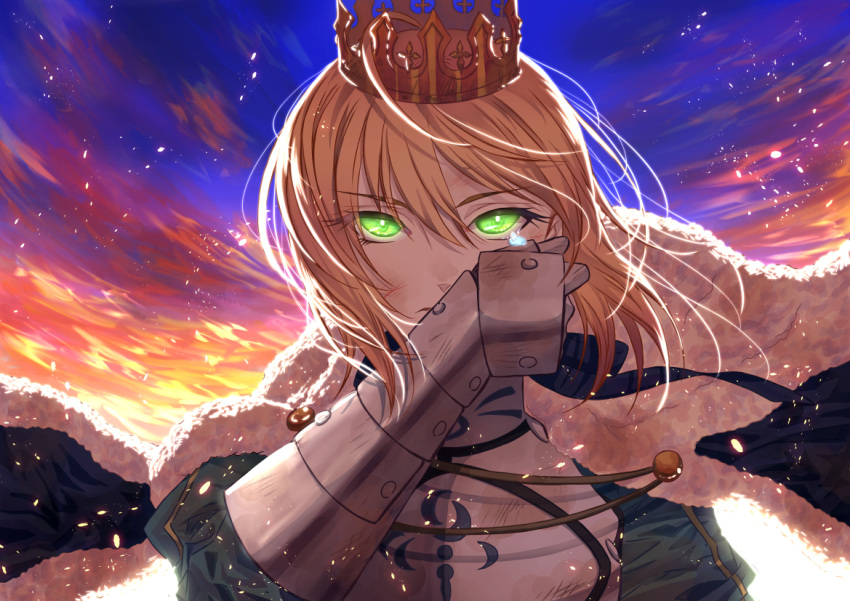 1girl artoria_pendragon_(all) blonde_hair blue_cape bruise_on_face cape crown eyebrows_visible_through_hair eyeopen07118886 fate/stay_night fate_(series) floating_hair fur-trimmed_cape fur_trim gauntlets green_eyes hair_between_eyes looking_at_viewer portrait saber short_hair solo