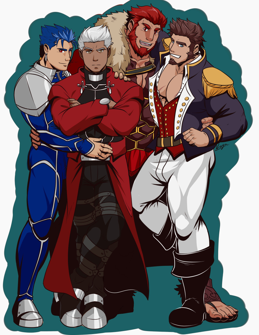 4boys absurdres archer beard blue_eyes blue_hair boots brown_hair cape chest dark_skin earrings epaulettes facial_hair fate/grand_order fate_(series) hand_on_another's_shoulder highres jewelry k0utato lancer long_sleeves looking_at_viewer male_focus multiple_boys napoleon_bonaparte_(fate/grand_order) pectorals ponytail red_eyes redhead rider_(fate/zero) scar smile thighs uniform white_hair